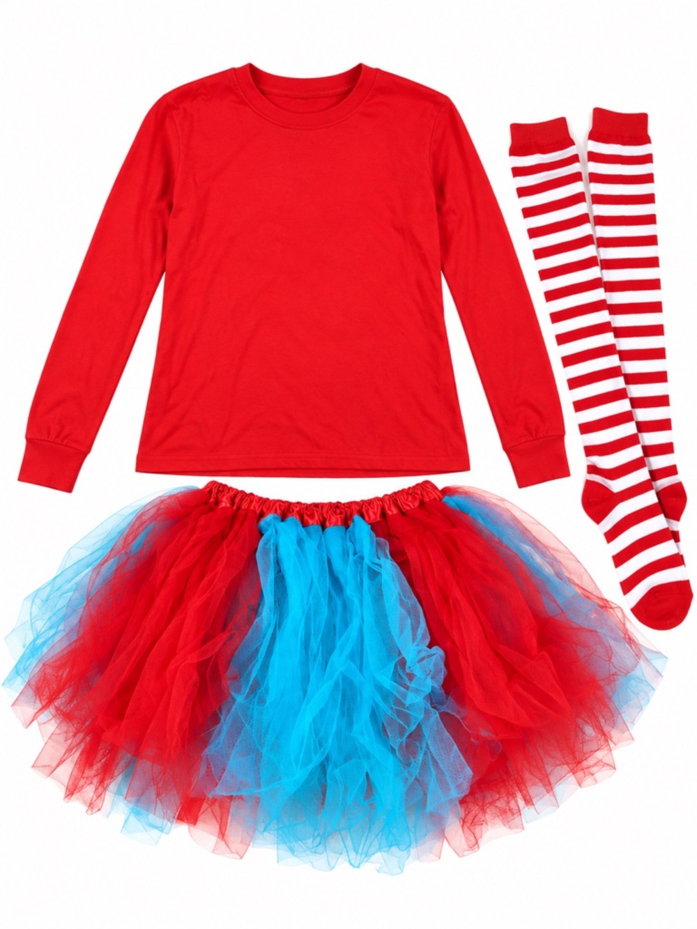 Women’s Red Blue Tutu Costume Set Striped Socks Long Sleeve | Size Medium